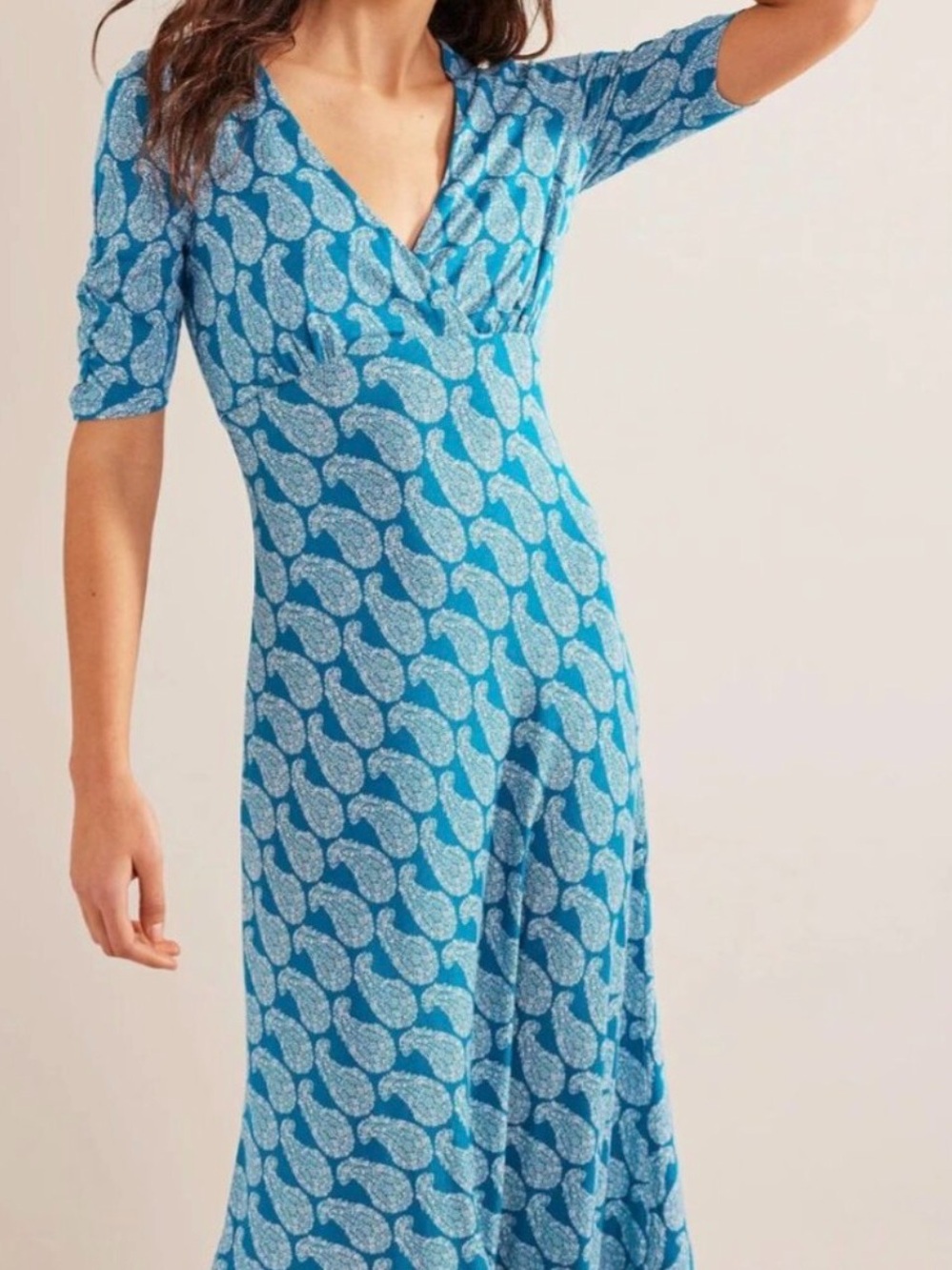 Boden Rebecca Teal Blue Paisley Jersey Midi Tea Dress